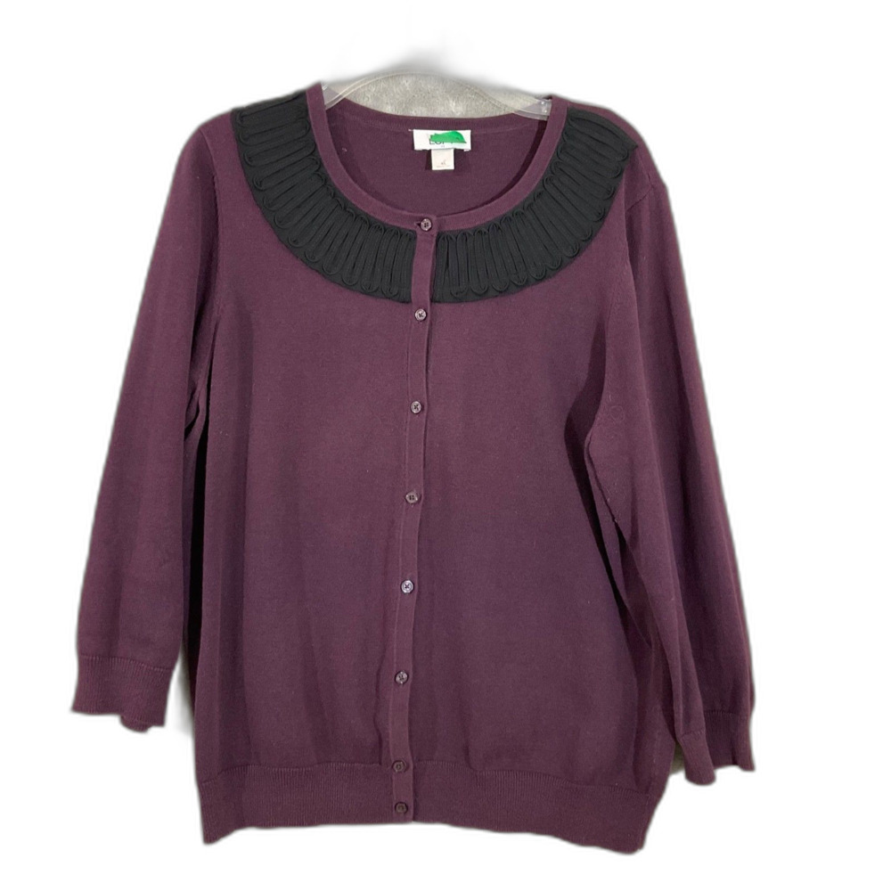 Loft Button Up Cotton Cardigan sweater women’s size XL purple ribbon faux collar